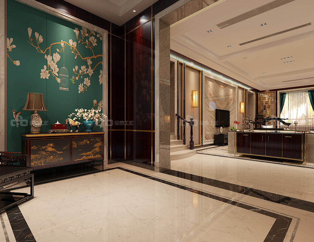 整木定制花鳥古韻新中式風(fēng)格，別墅全屋效果圖(圖1)