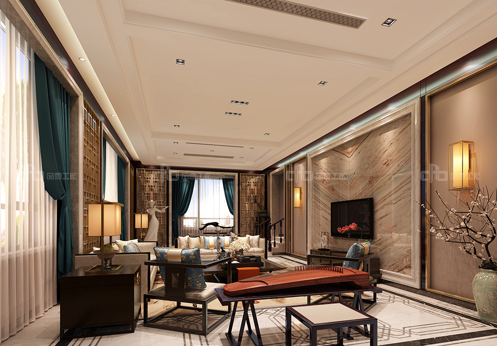 整木定制花鳥古韻新中式風(fēng)格，別墅全屋效果圖(圖2)