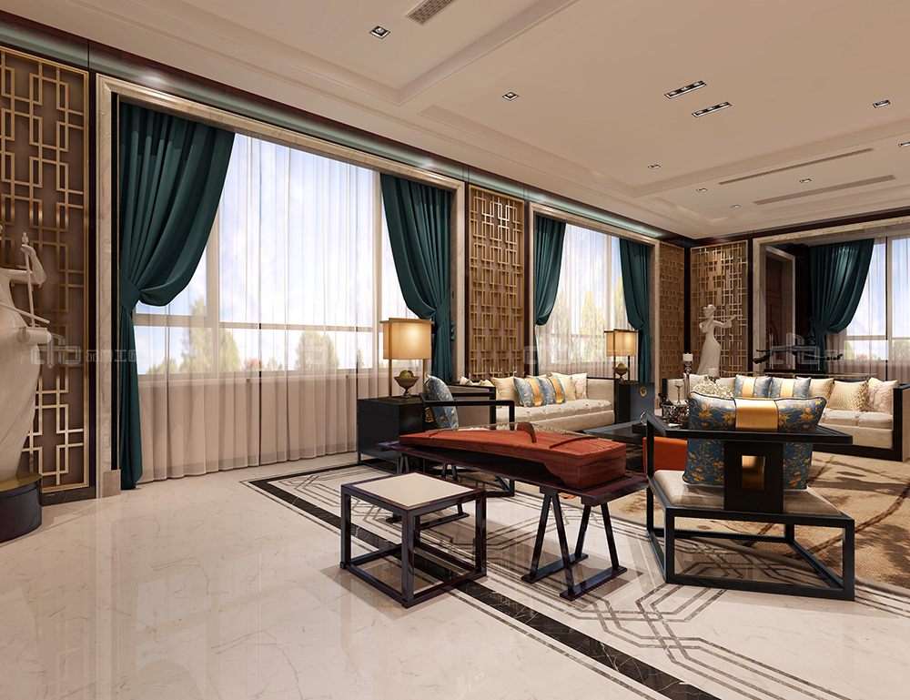 整木定制花鳥古韻新中式風(fēng)格，別墅全屋效果圖(圖3)