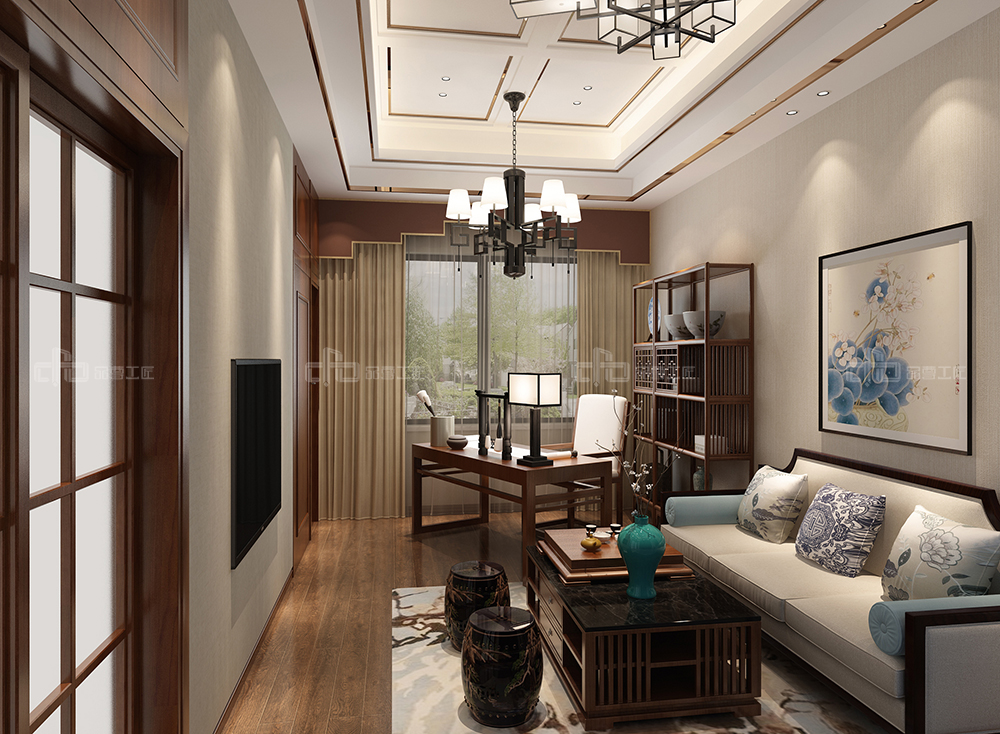 整木定制花鳥古韻新中式風(fēng)格，別墅全屋效果圖(圖9)