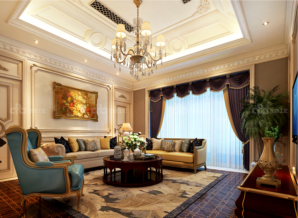 整木定制法式風(fēng)格，金色別墅裝修案例效果圖(圖3)