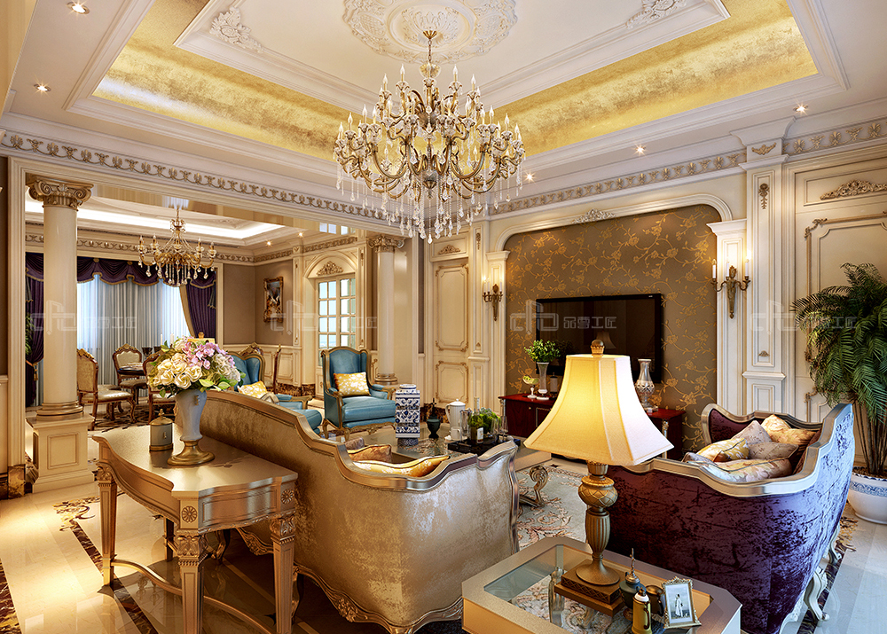整木定制法式風(fēng)格，金色別墅裝修案例效果圖(圖4)